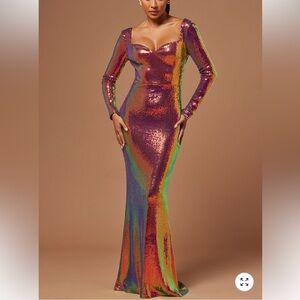 Fashion Nova Iridescent Sequin Maxi Dress in Multi-Color